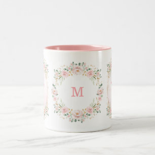 Blush Pink Gold Garden Flowers Wreath Monogram Two-Tone Coffee Mug
