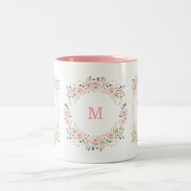 Blush Pink Gold Garden Flowers Wreath Monogram Two-Tone Coffee Mug (Center)