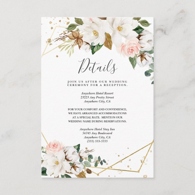 Blush Pink Gold Geometric and White Magnolia Flora Enclosure Card (Front)