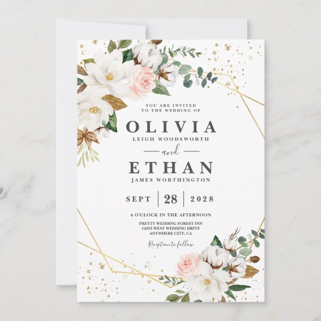 Blush Pink Gold Geometric and White Magnolia Flora Invitation (Front)