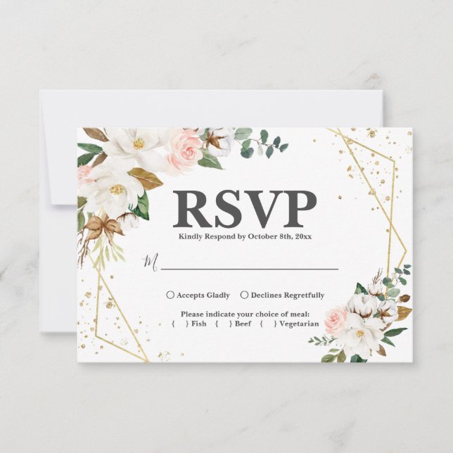 Blush Pink Gold Geometric and White Magnolia Flora RSVP Card (Front)
