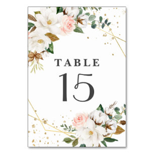Blush Pink Gold Geometric and White Magnolia Flora Table Number