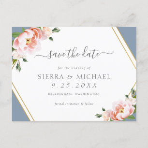Blush Pink Gold Geometric Dusty Blue Save the Date Announcement Postcard