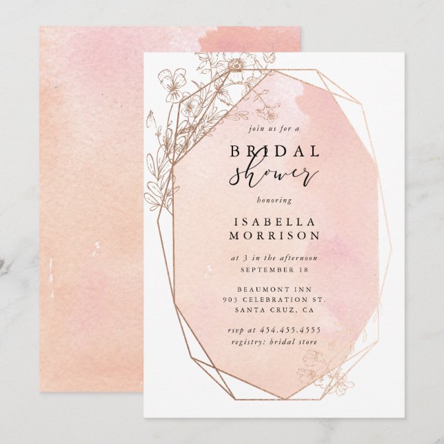 Blush Pink Gold Geometric Floral Bridal Shower Invitation (Front/Back)