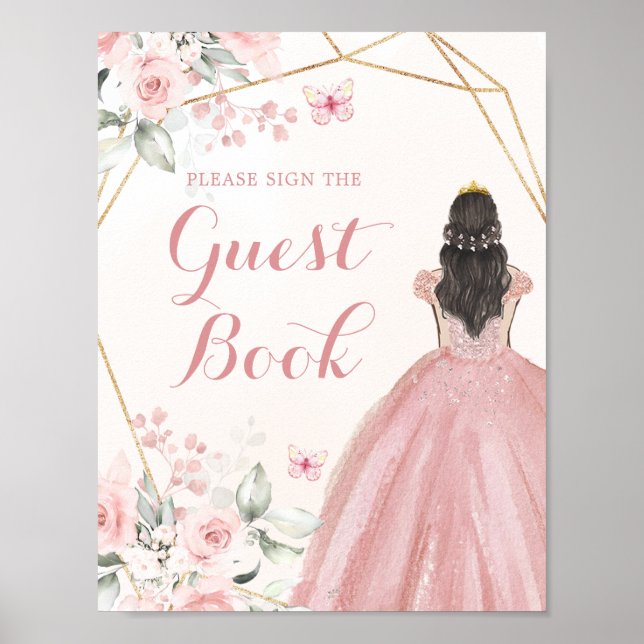 Blush Pink Gold Geometric Floral Quince Guest Book (Front)