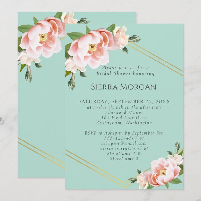 Blush Pink Gold Geometric Mint Green Bridal Shower Invitation (Front/Back)