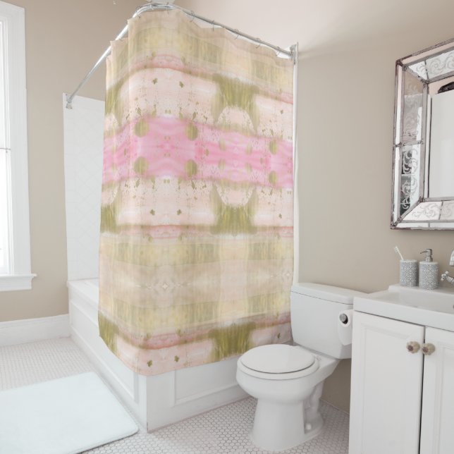 Blush Pink Gold Glam Watercolor Hello Beautiful Shower Curtain (In Situ)