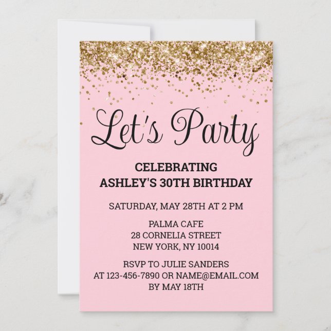 Blush Pink Gold Glitter 30th Birthday Let's Party Invitation (Front)