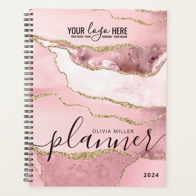 Blush Pink Gold Glitter Agate Business Logo 2024 Planner (Front)