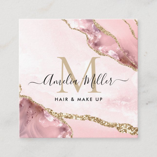 Blush Pink Gold Glitter Agate Hair Makeup Monogram Square Business Card (Front)