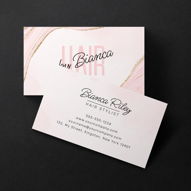 Blush Pink Gold Glitter Agate Hair Stylist Salon Business Card (Creator Uploaded)