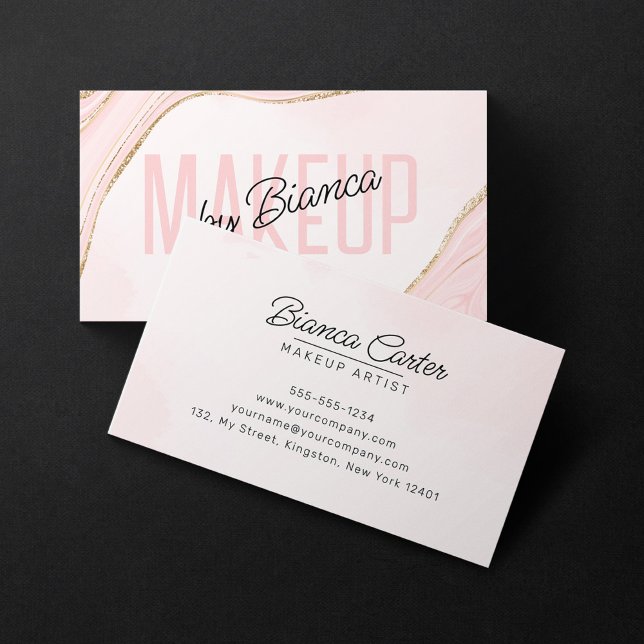 Blush Pink Gold Glitter Agate Makeup Artist Salon Business Card (Creator Uploaded)