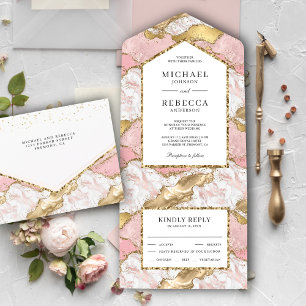 Blush Pink Gold Glitter Agate Marble Wedding All In One Invitation