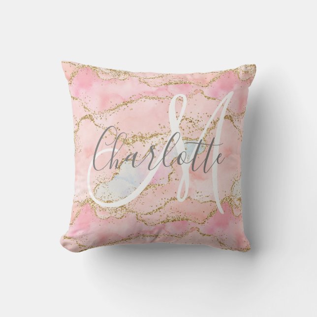 Blush pink gold glitter agate monogram cushion (Front)