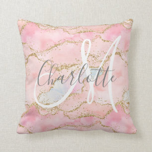 Blush pink gold glitter agate monogram cushion