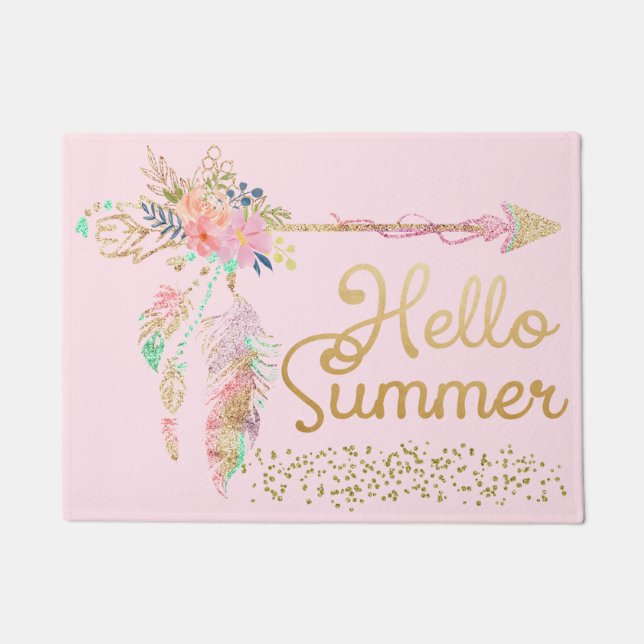 Blush Pink Gold Glitter Boho Feather Hello Summer Doormat (Front)
