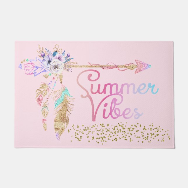 Blush Pink Gold Glitter Boho Feather Summer Vibes Doormat (Front)
