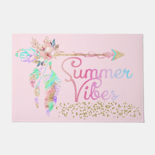 Blush Pink Gold Glitter Boho Feather Summer Vibes Doormat