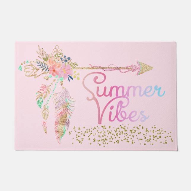 Blush Pink Gold Glitter Boho Feather Summer Vibes Doormat (Front)