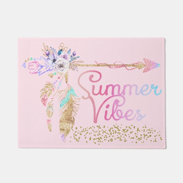 Blush Pink Gold Glitter Boho Feather Summer Vibes Doormat (Front)