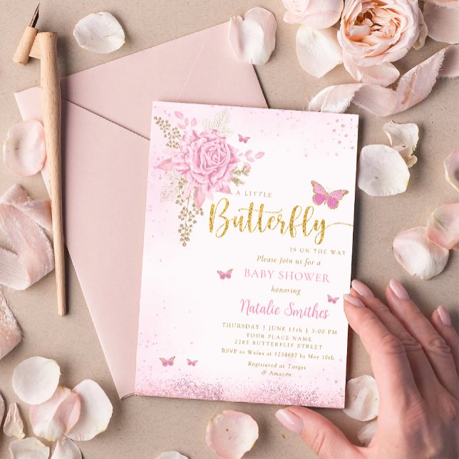 Blush Pink Gold Glitter Butterfly Girl Baby Shower Invitation (Creator Uploaded)