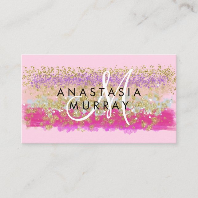 Blush Pink & Gold Glitter Colourful White Monogram Business Card (Front)
