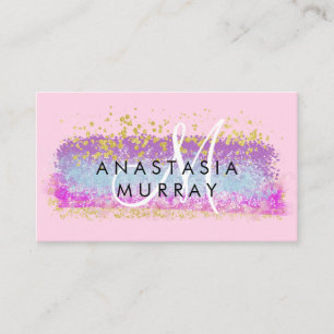 Blush Pink & Gold Glitter Colourful White Monogram Business Card