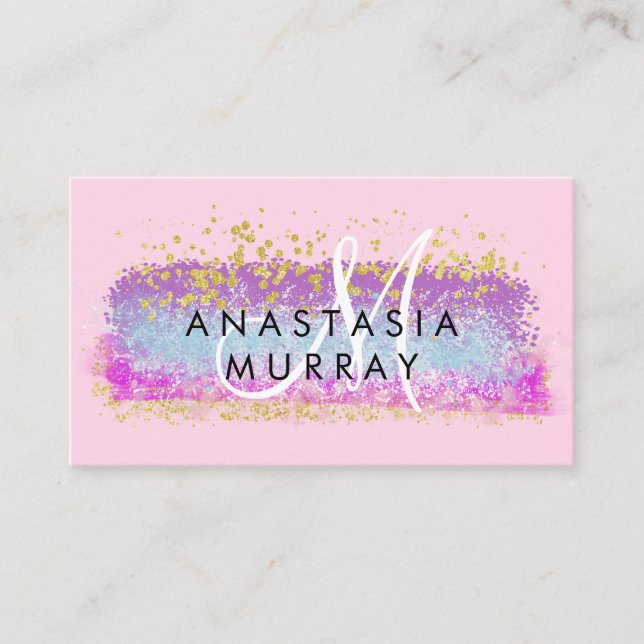 Blush Pink & Gold Glitter Colourful White Monogram Business Card (Front)