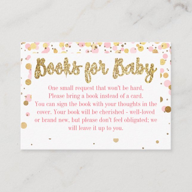 Blush Pink Gold Glitter Confetti Books for Baby Enclosure Card (Front)