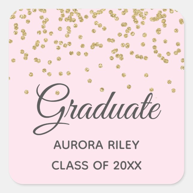 Blush Pink Gold Glitter Confetti Graduation Favour Square Sticker (Front)