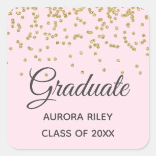 Blush Pink Gold Glitter Confetti Graduation Favour Square Sticker
