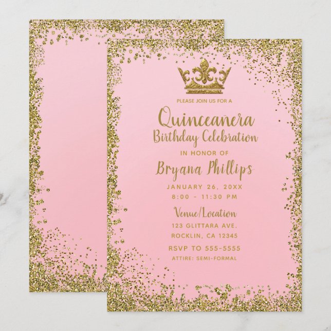 Blush Pink & Gold Glitter Crown Quinceañera 15 Invitation (Front/Back)