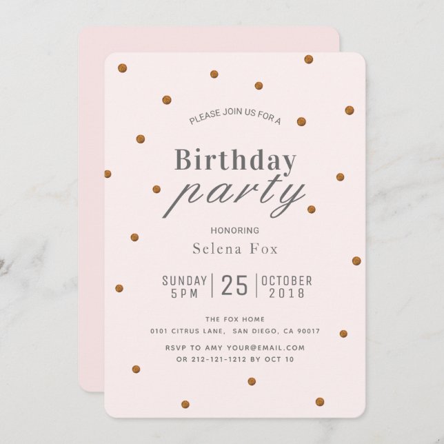 Blush Pink & Gold Glitter Dots Birthday Invitation (Front/Back)
