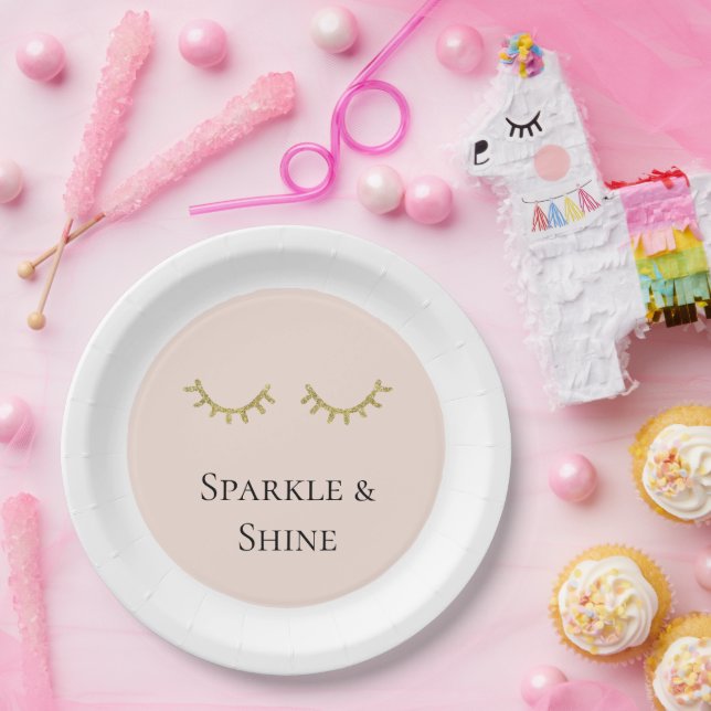 Blush Pink Gold Glitter Eyelashes Sparkle   Paper Plate (Party)