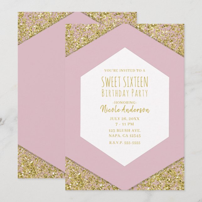 Blush Pink Gold Glitter Flakes Glam Sweet 16 Party Invitation (Front/Back)