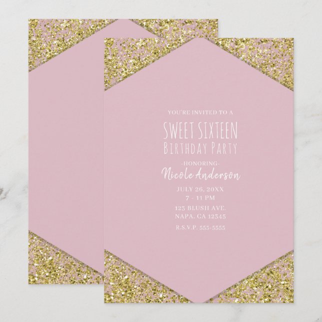 Blush Pink Gold Glitter Flakes Glam Sweet 16 Party Invitation (Front/Back)