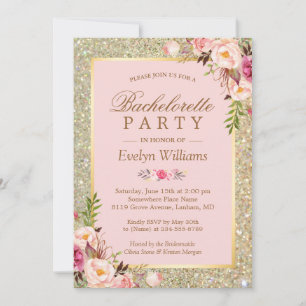 Blush Pink Gold Glitter Floral Bachelorette Party Invitation