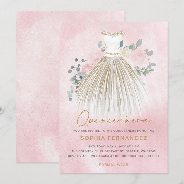 Blush Pink gold glitter Floral Dress Quinceañera Invitation (Front/Back)