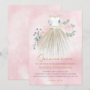 Blush Pink gold glitter Floral Dress Quinceañera Invitation