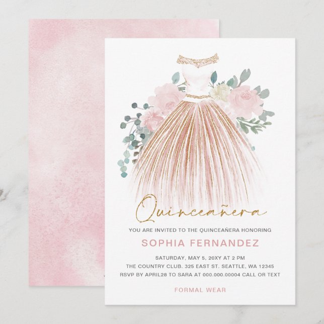 Blush Pink gold glitter Floral Dress Quinceañera Invitation (Front/Back)