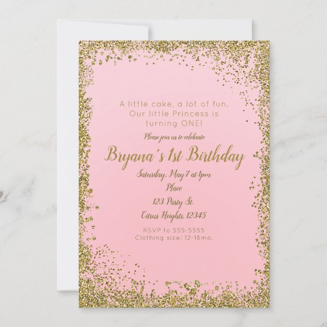 Blush Pink & Gold Glitter Glam 1ST Birthday Party Invitation (Front)