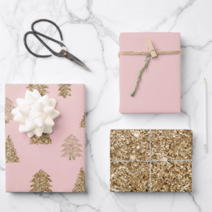 Blush Pink Gold Glitter Glam Christmas Trees Wrapping Paper Sheet