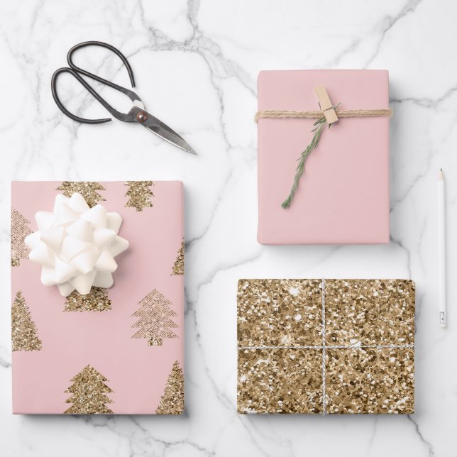 Blush Pink Gold Glitter Glam Christmas Trees Wrapping Paper Sheet (Front)