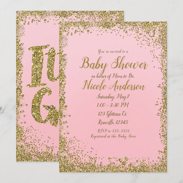 Blush Pink Gold Glitter Glam Modern Baby Shower Invitation (Front/Back)