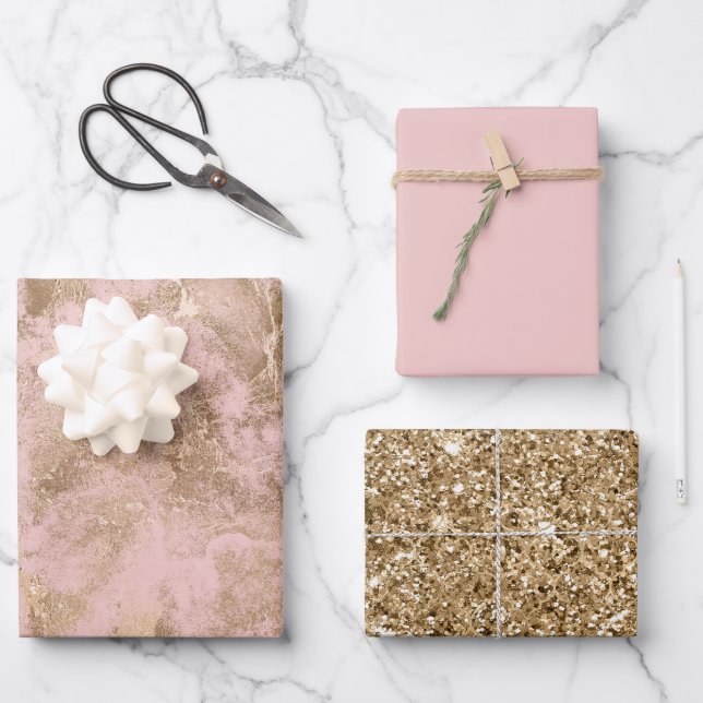 Blush Pink Gold Glitter Glam  Wrapping Paper Sheet (Front)