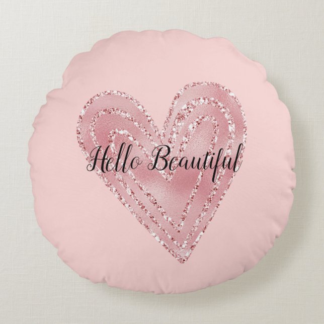 Blush Pink Gold Glitter Glitzy Heart Round Cushion (Front)