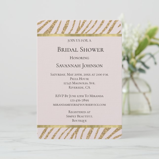 Blush Pink Gold Glitter Glitzy Strip Bridal Shower Invitation (Standing Front)