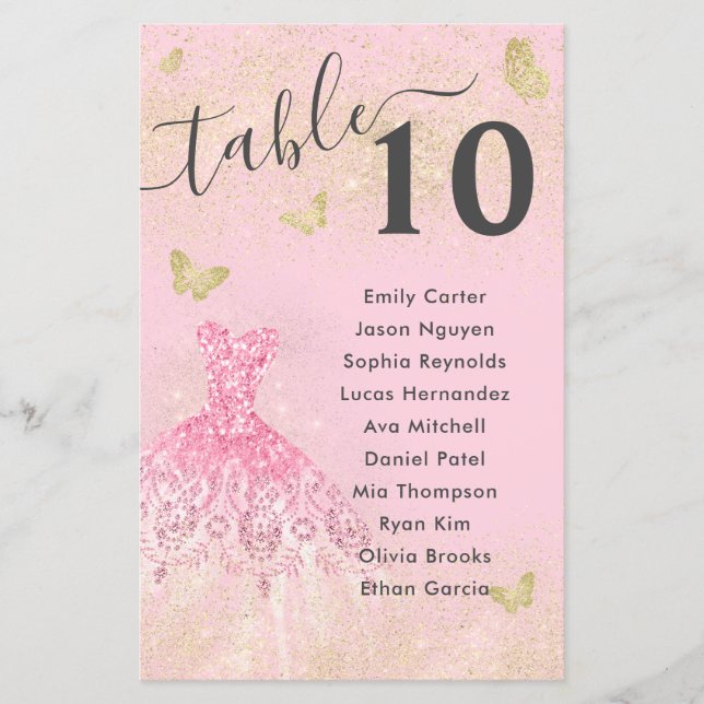 Blush Pink Gold Glitter Gown Quinceanera Seat Menu (Front)