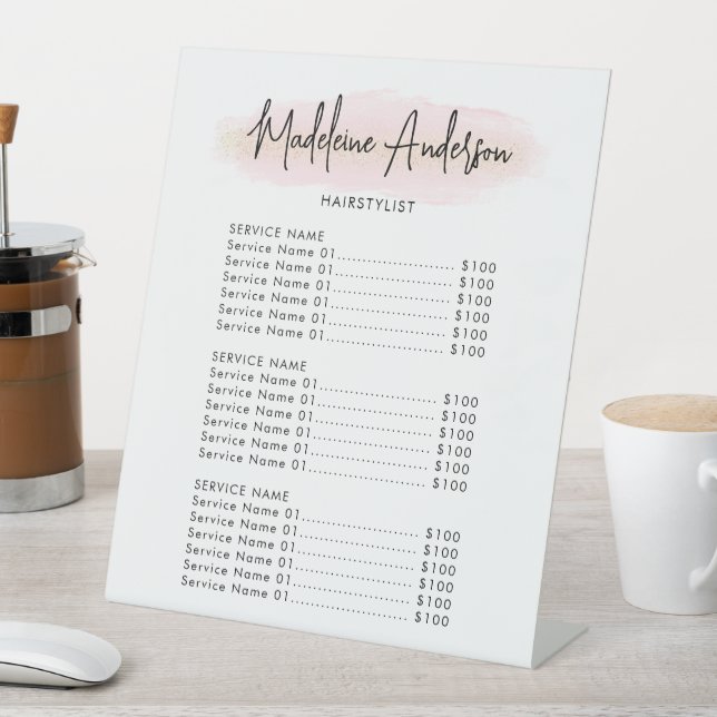 Blush Pink Gold Glitter Hairstylist Salon Pedestal Sign (In SItu)