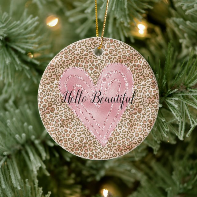 Blush Pink Gold Glitter Heart Leopard Print Ceramic Tree Decoration (Tree)